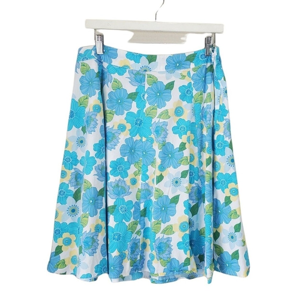 St. Johns Bay Womens Retro Mod Floral A-Line Skirt 10 Blue White Stretch Summer